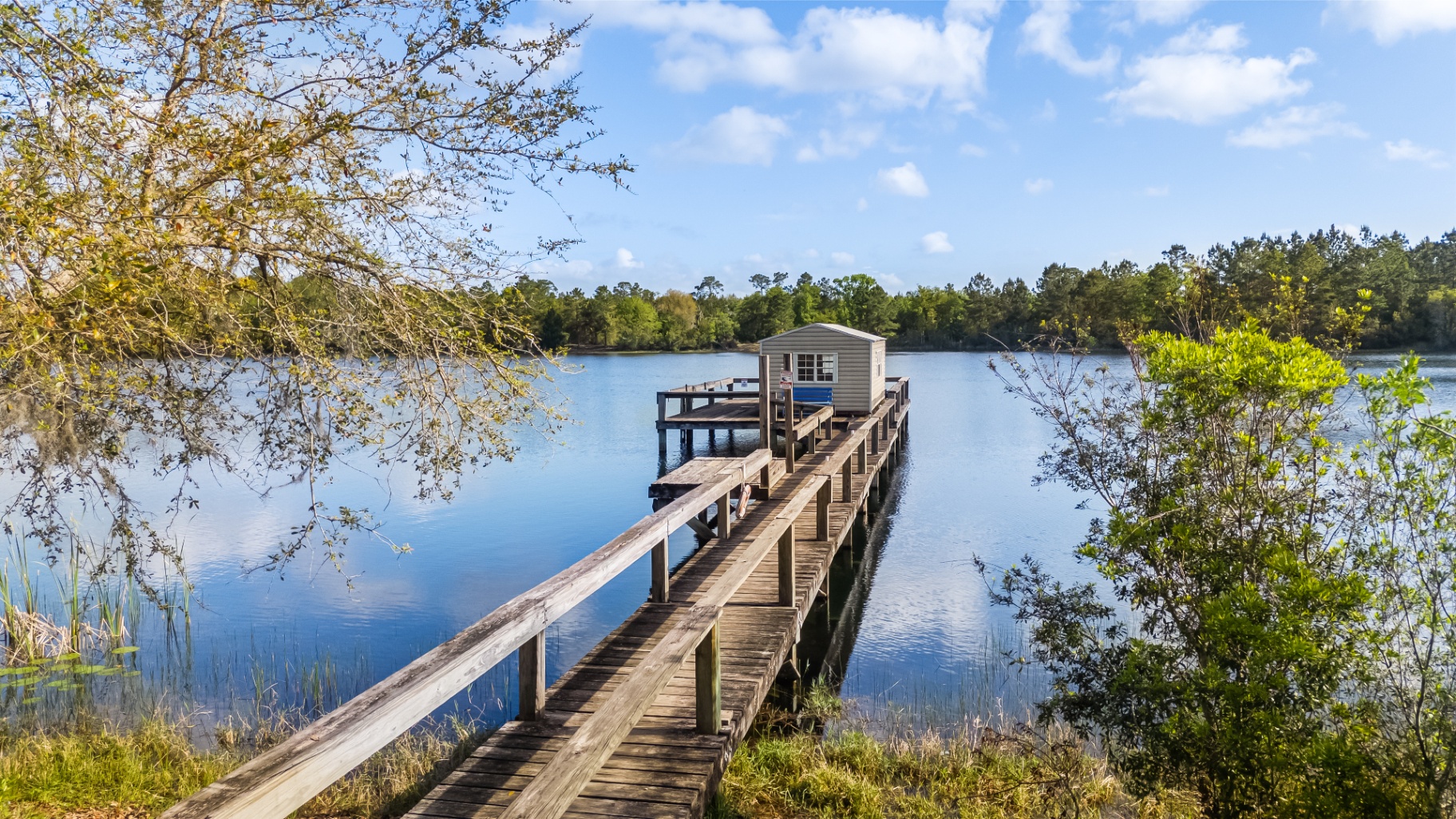 The long wooden walkway out to the dock house on Terra Lake