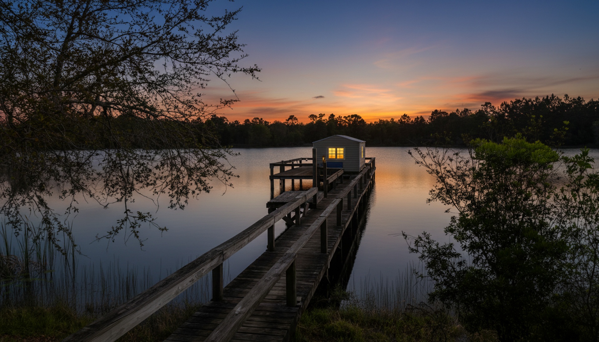 Golden hour at Salty Pine at Terra Lake: a fishing pole on a wooden dock, calm lake water, and RVs parked beneath live oaks draped in Spanish moss