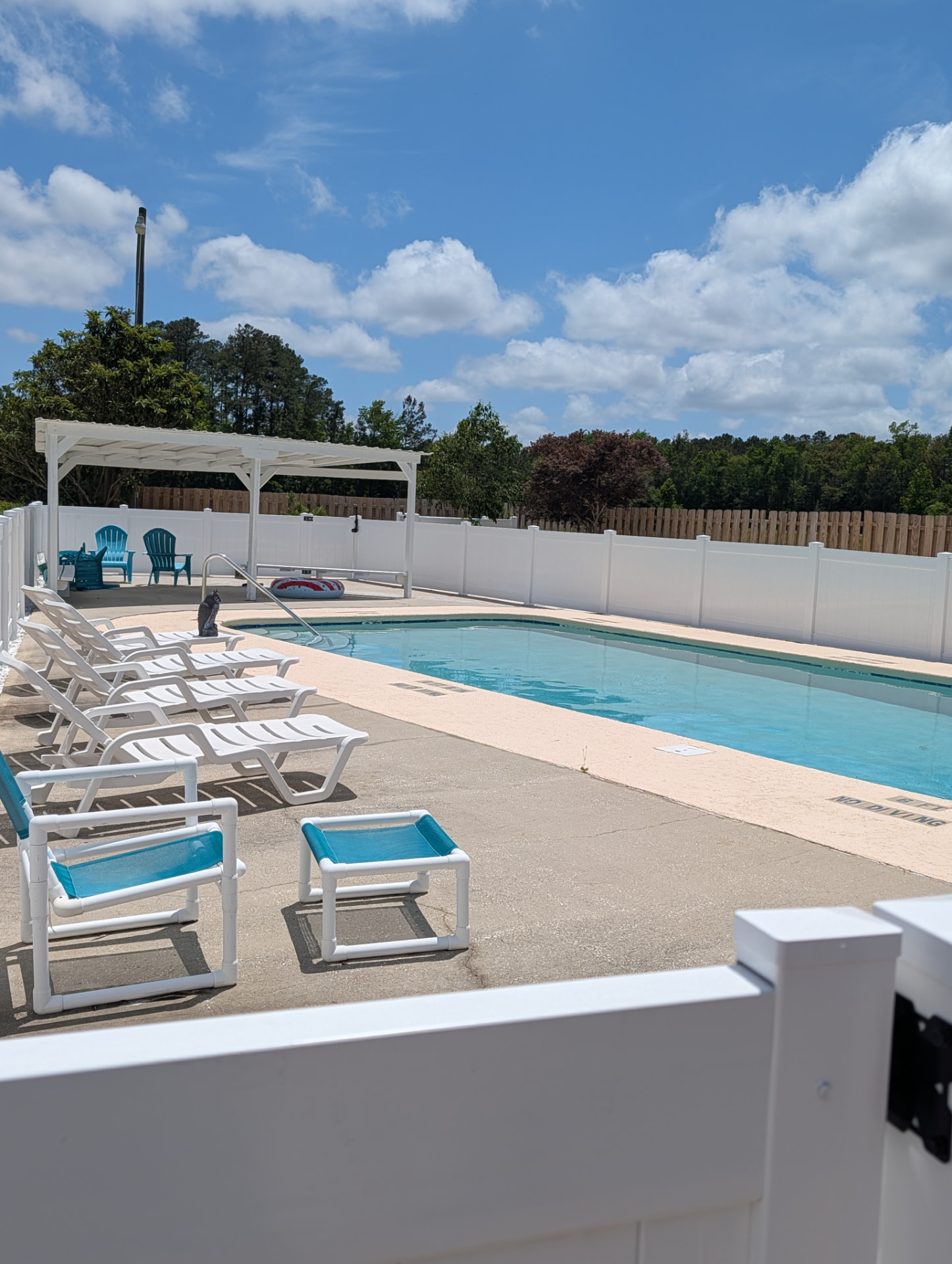 The private swimming pool with lounge chairs and a shaded pergola under a blue Florida sky